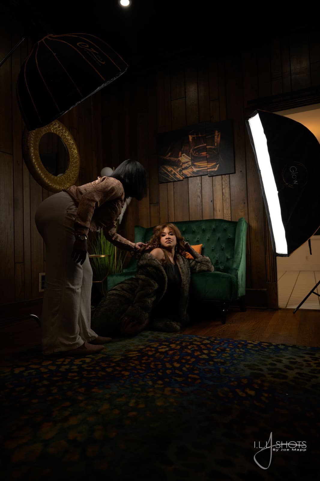 Content production in the wood-paneled lounge